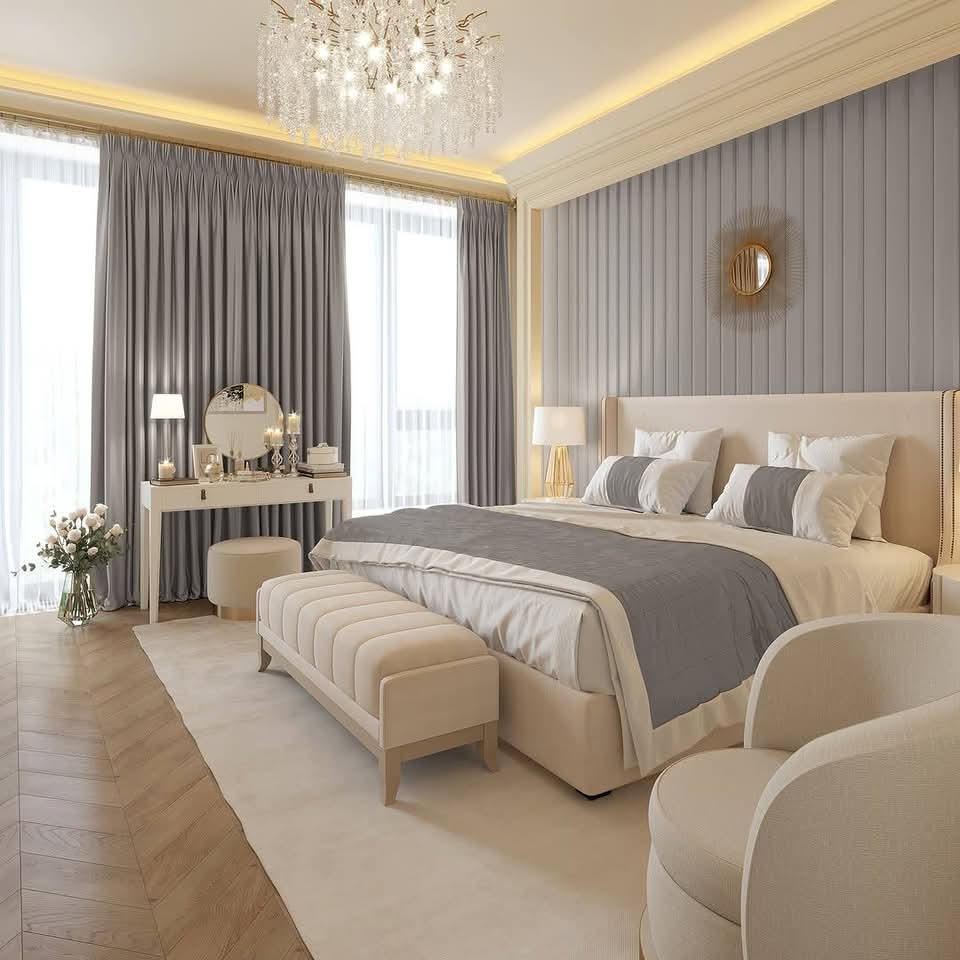 Interior kamar tidur klasik dengan headboard, meja rias, dan kursi